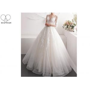 Half Sleeve Lace Ball Gown Wedding Dress Off White Beading V - Neck Back Bandage Floor Length Dress