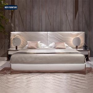 China Customized Size Leather Upholstered Frame Bed Headboard Modern Double Back Design Luxury Style King Size Bed Furniture Set wholesale
