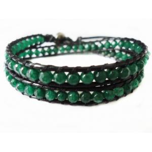 China Customized Handmade 36cm Green Beaded Leather Strap Bracelet Double Layer supplier