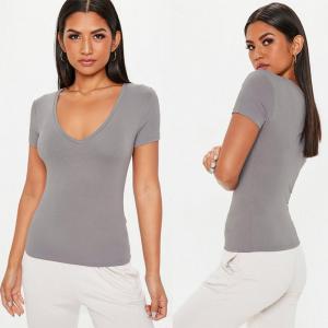 China Grey V Neck Fitted T Shirt Clothing Women supplier