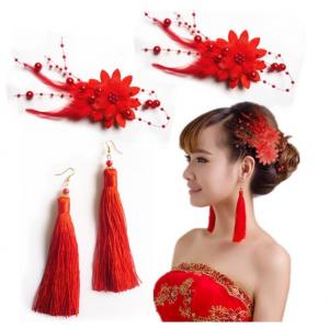 Bridal Jewelry Set red feather headdress first flowers retro Earrings