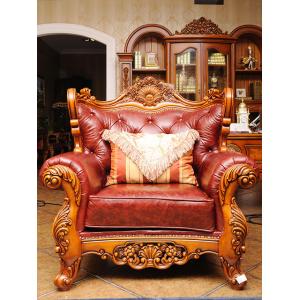 Top Grain Royal Wood Carved Baroque Sofa High Elastic Antique Leather Couch