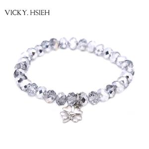 VICKY.HSIEH Best Basic Half Silver Coated Glass Crystal Beads Stretch Bracelet with Clover Charm