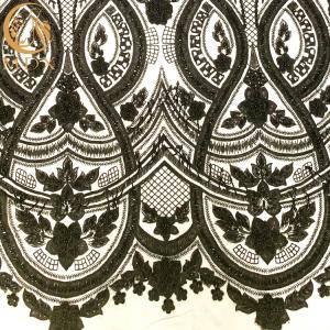 China Customized Black 3D Beaded Lace Mesh Crystal Embroidery Tulle Fabric supplier