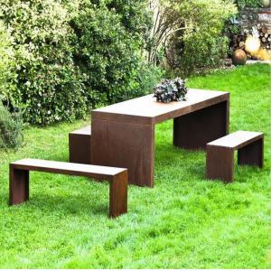 China Natural Rusted Geometric Metal Furniture Corten Steel Outdoor Table With Bench Set supplier