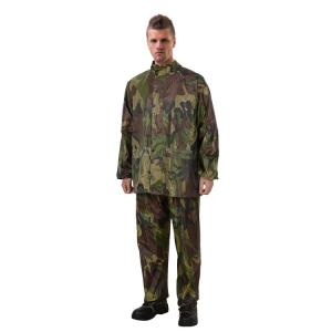 Adjustable RAINWEAR Camouflage Rain Suit with Rubberized Hood and Elastic Waist Pants