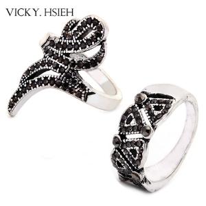 VICKY.HSIEH Antique Silver Rhinestone Pave Rings Set
