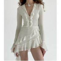 China Custom Clothing Factory China Chiffon Ruffled Breasted V Neck Flared Long Sleeve Dress on sale