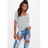 White and Navy Striped V Neck Boyfriend Clothing T Shirt Women