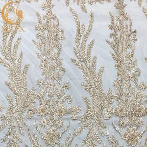 China White Nigerian Wedding Dress Beaded Lace Fabric 91.44Cm Length supplier