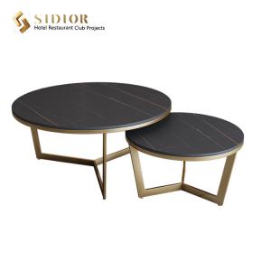 50cm Lightweight Black Round Marble Coffee Table Set Of 2 With Gold Legs
