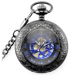 Pocket watch with automatic movement , Retro Vintage Smooth Black Quartz Pocket Watch With Chain