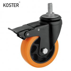 75mm Orange PU Industrial Trolley Furniture Screw Swivel Caster Wheel with Brake