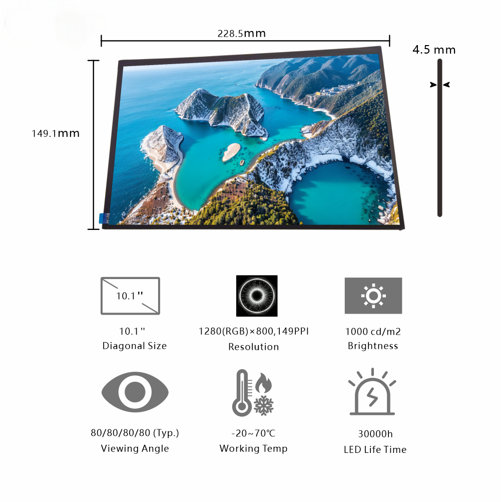 China 10.1-Inch Widescreen TFT Display with 1280×800 Resolution and 1000cd/m² High Brightness for Industrial Applications supplier