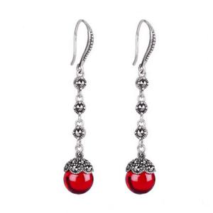 Antique Thai Silver Jewelry Sterling Silver Red Garnet Marcasite Drop Dangle Earring (E12031RED)