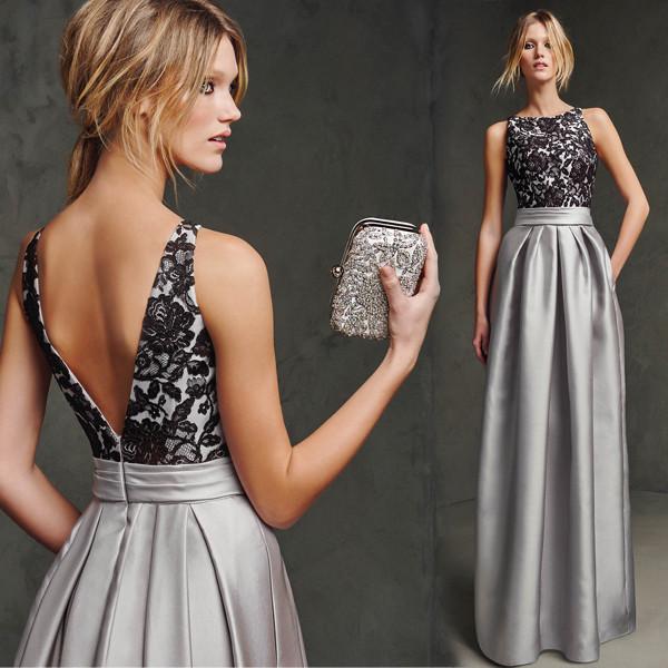 Uper Black Lace Under Gray Satin Sleeveless O Neck Gorgeous Evening Dress TSJY097