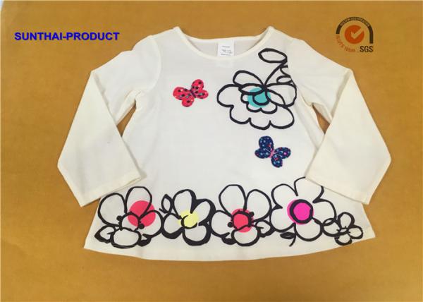 Big Floral Print Children T Shirt Butterfly Applique Embroidery Long Sleeve 100%