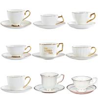 China Wholesale customizable sublimation coated best selling Ceramic Bone China Mug with Saucer with golden rim on sale