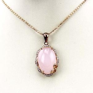 Rose Gold Plated Sterling Silver Oval 14mmx20mm Rose Quartz  Pendant Necklace (PSJ0260)