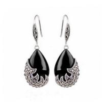 Vintage Sterling Silver Black Onyx with Marcasite Dangle Drop Earrings (E12033BLACK)