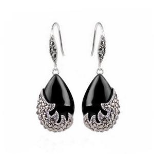 China Vintage Sterling Silver Black Onyx with Marcasite Dangle Drop Earrings (E12033BLACK) supplier