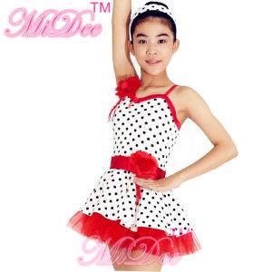 China Lycra Kids Dance Clothes Red White Polka Dot Dance Dress With Flowers Trim supplier