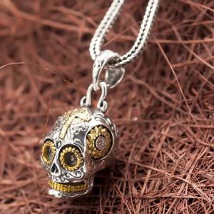 Men and Women Sterling Silver Necklace with Two Tone Skull Pendant(XH052035W)