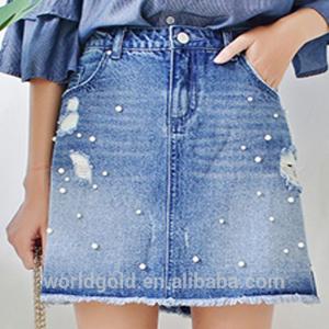 China Custom Women A LINE Damaged Denim Skirt With Pearls And Frayed Hem supplier