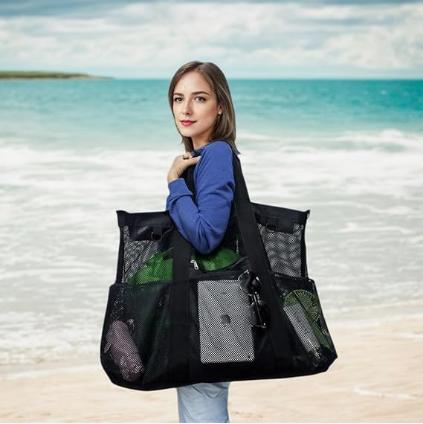 Wire Mesh Beach Bag, Large Beach Tote Bag, With Zipped Pockets, Suitable For Family Pool Bags, Essential For Toys And Vacations