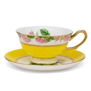 Pink Floral Design Porcelain Cups Decal Luxury Coffee Tea Cup And Saucer With Colorful Rim