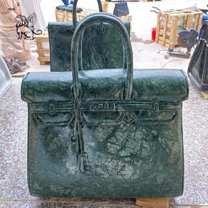 China Marble Famous Brand Bag Sculpture Frog Green Natural Stone Handbag Statue Luxury Shopping Mall Decoration supplier