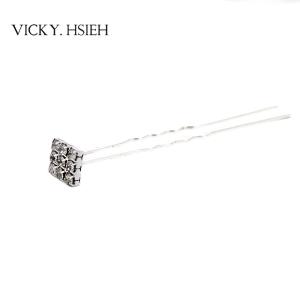 VICKY.HSIEH Silver Tone Square Crystal Rhinestone Pave Hair Pin