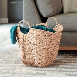Tall Water Hyacinth Wicker Basket with Handles | Natural, Brown, Natural Bathroom Trash Can Boho Style - Wicker Trash Can With Lid For Household, Kitchen - Removable Liner, Iron Frame