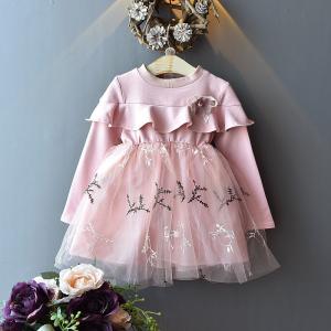 1.1M Children Worsted Spring Pink Lace Formal Long Sleeve Dresses Knee Length