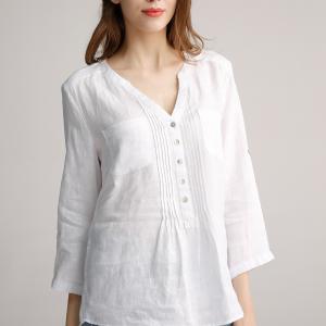 China Ladies Casual Linen Clothing Loose Bracelet Sleeve Placket Front Blouse supplier