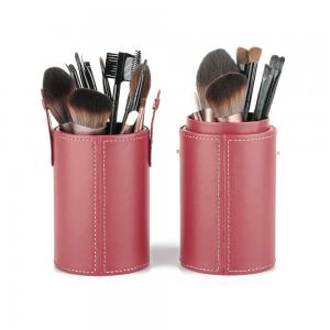 China Cylindrical Makeup Brush Tube Case Red Vegan Leather Satin Lining supplier