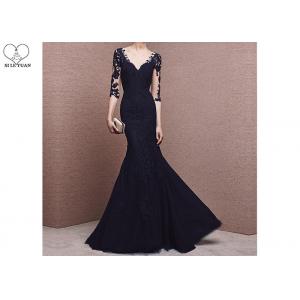 Navy Blue Black Mermaid Style Prom Dress , V Neck Ball Gown Naked Back Tulle