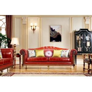 6 Seater Royal Classic Wooden Frame Living Room Red Leather Sofa Set