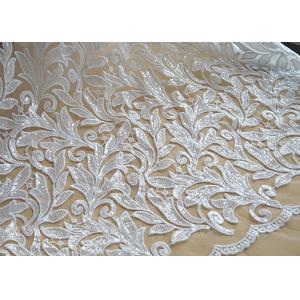 Scalloped Edge White Sequin Mesh Fabric For Party Gown Rich Leaves Design