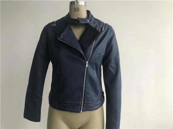 High Fashion Navy Ladies PU Jacket , Womens Leather Coats LEDO1721
