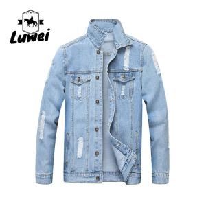 China Fashion Designer Casual Polyester Cotton Utility Lapel Button Slim Fit Mens Outdoor Streetwear Hole Denim Jacket supplier