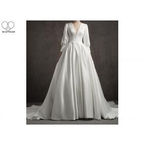 Deep V Neck Vintage Off White Wedding Dresses Long Lantern Sleeve Pleating Tail