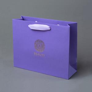 Luxury Custom Printed Logo Embossed Purple Coated Paper Bag With Ribbon Handle