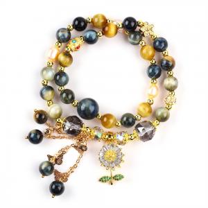 Unique 8MM With Dream Tiger Eye SunFlower Spinner Charm  Blessing Crystal Double Layer Bracelet