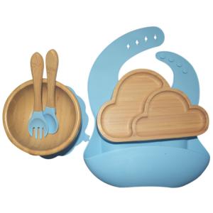 China BPA Free Baby Silicone Products Plate Set Elephant Wooden Silicone Suction Plate Set supplier