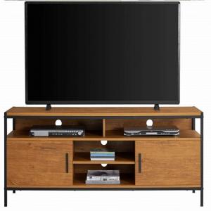 Metal Frame TV Console Cabinet Brown Rustic Oak TV Stand With Two Doors