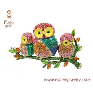 China Brass brooch by Sweet & cute Owl family sitting on tree with multi color crystals glued on supplier