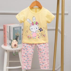 Hemming Short Sleeve Pajama Set Cotton Long Ear Rabbit Print Pyjamas For 140cm height