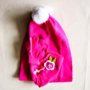China 2017 cheap high quality red flower hats with pompom warm gloves cute scarf sets for  Kids supplier