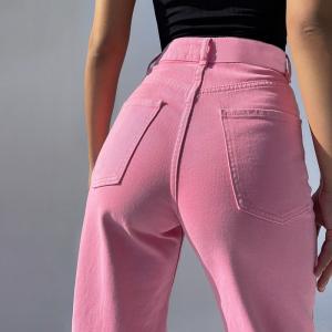 Pink Ripped High Waist Straight Wide Leg Jeans Women